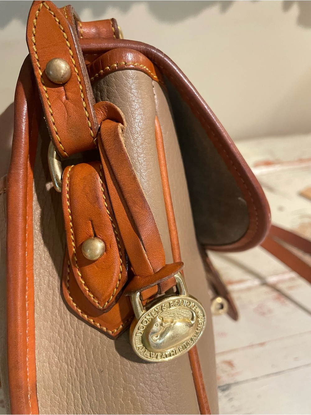Dooney & Bourke  AWL CarrierTan and Taupe Leather Crossbody Satchel - Picture 16 of 16